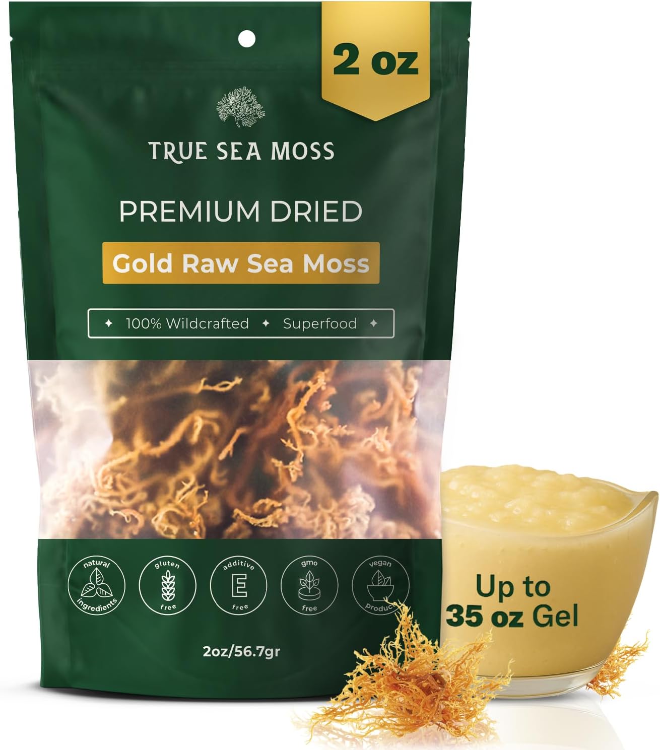 Raw Irish Sea Moss - 2oz | Organic Wildcrafted Gold Seamoss | Makes 35oz Gel | Vegan, Non-GMO, Gluten-Free | Dried Sea Moss for Skin, Hair, Digestion, Smoothies, Natural Superfood