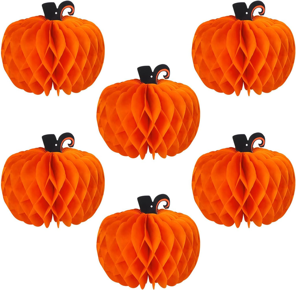 6 Pcs Fall Pumpkin Honeycomb Paper Decorations, Thanksgiving Pumpkins Table Centerpieces Hanging Pumpkin Honeycomb Tissue Balls for Halloween Thanksgiving Harvest Party Decor
