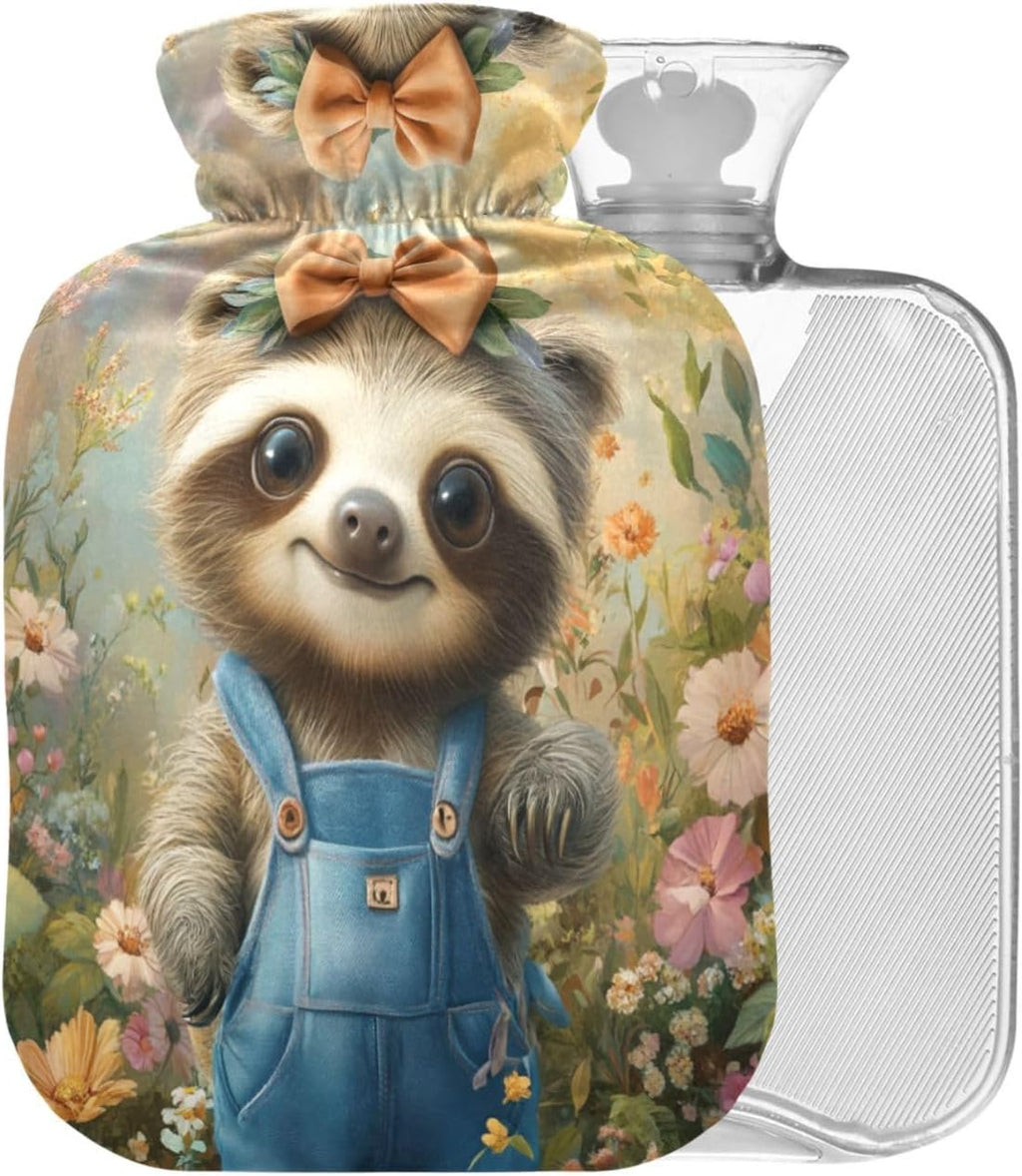Cute Sloth Brown Print Hot Water Bottle with Cover 2L Large Warm Water Bag for Hot Cold Therapy Pain Relief Back Pain