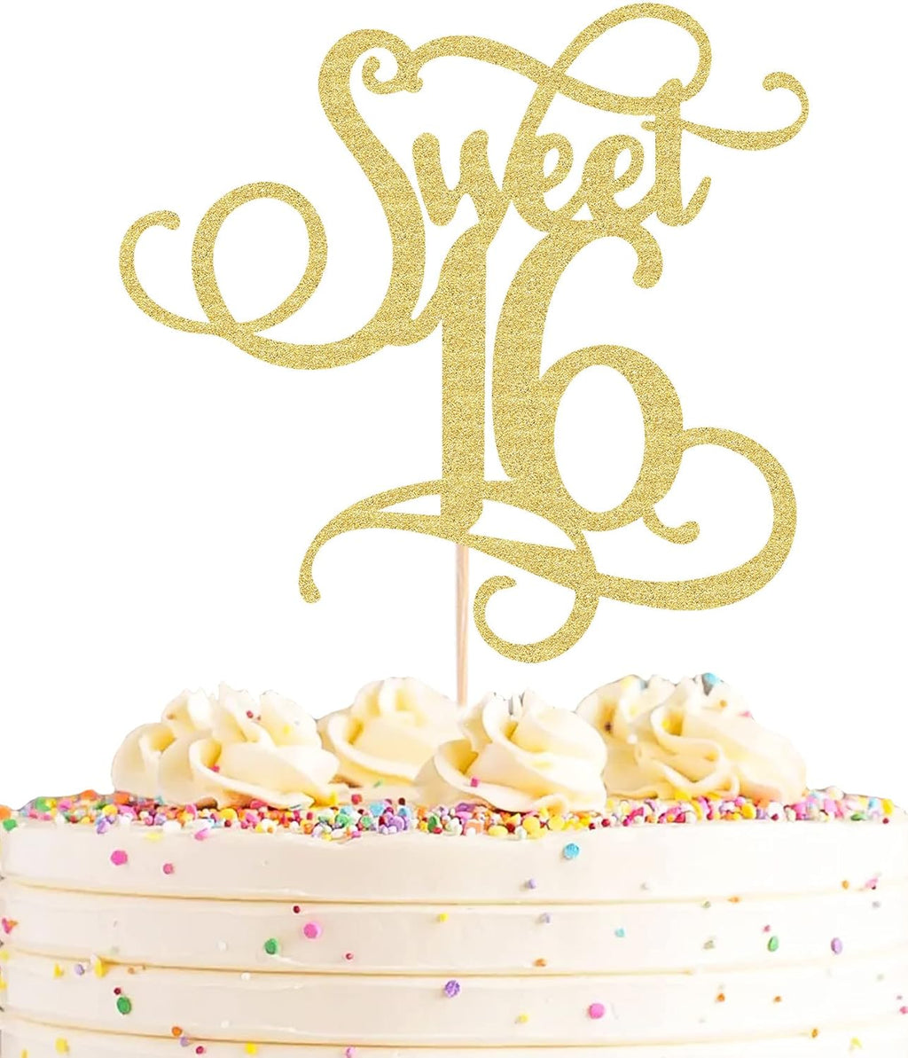 Sweet 16 Cake Topper - Gold Glitter 16th Birthday Party Decorations Supplies - Cheers to 16 Years, 16th Wedding Anniversary/Friendship Anniversary Party Cake Decor