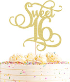 Sweet 16 Cake Topper - Gold Glitter 16th Birthday Party Decorations Supplies - Cheers to 16 Years, 16th Wedding Anniversary/Friendship Anniversary Party Cake Decor