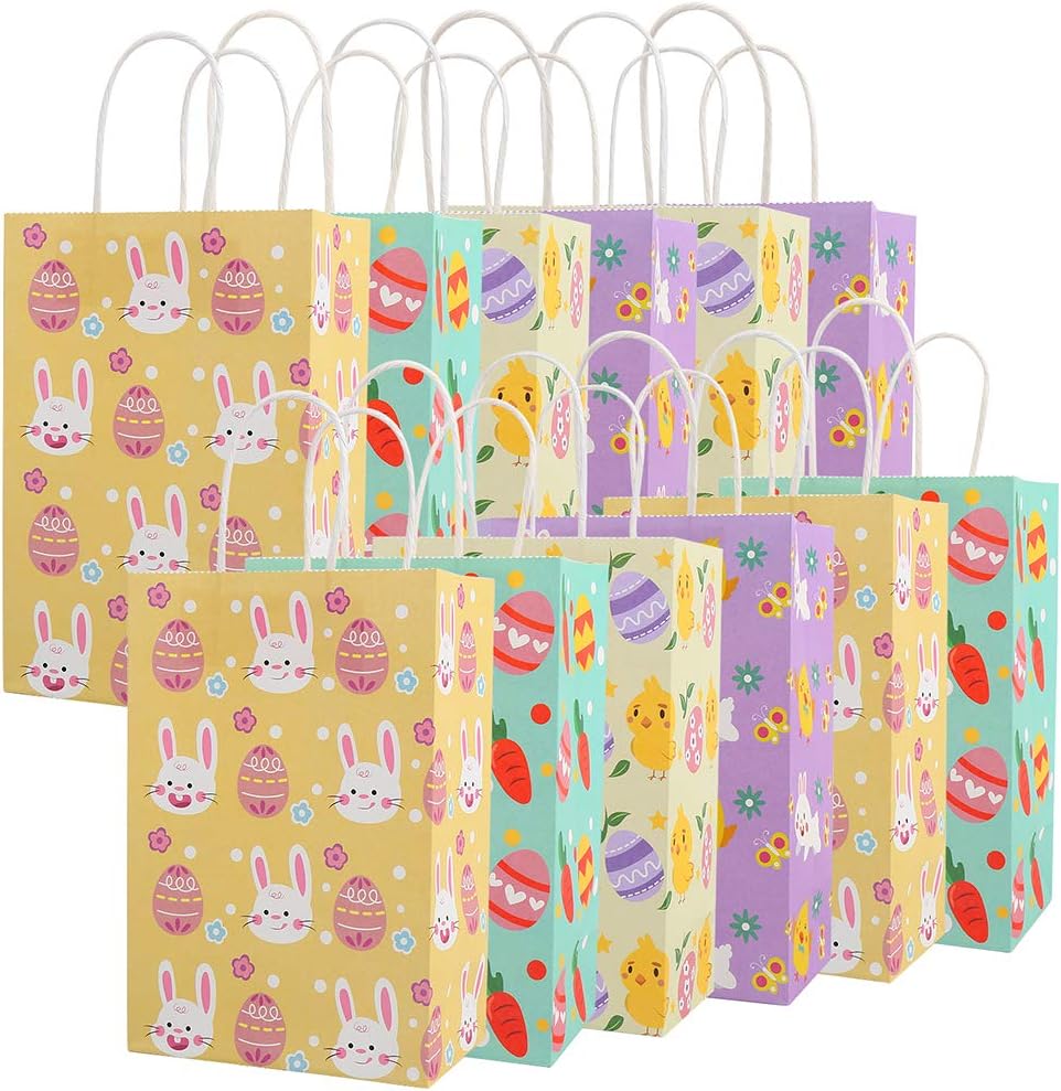 CCINEE 12PCS Easter Gift Bags,Bunny Kraft Paper Treat Bags with Handles Egg Chick Candy Bag for Kids Party Gift Wrapping