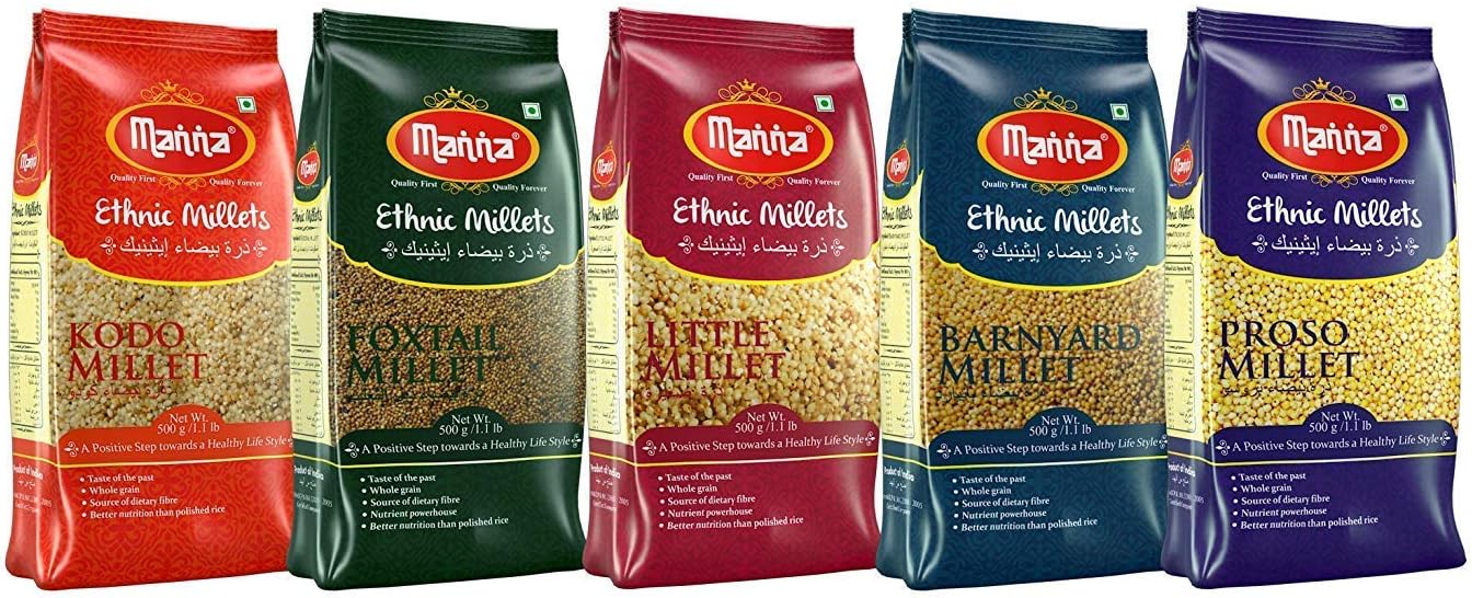 Manna Millets 5lb - natural grains | hulled | foxtail, kodo, little, barnyard, proso (each 1 pound) gluten-free, protein, low carb, high fibre-2.27Kg