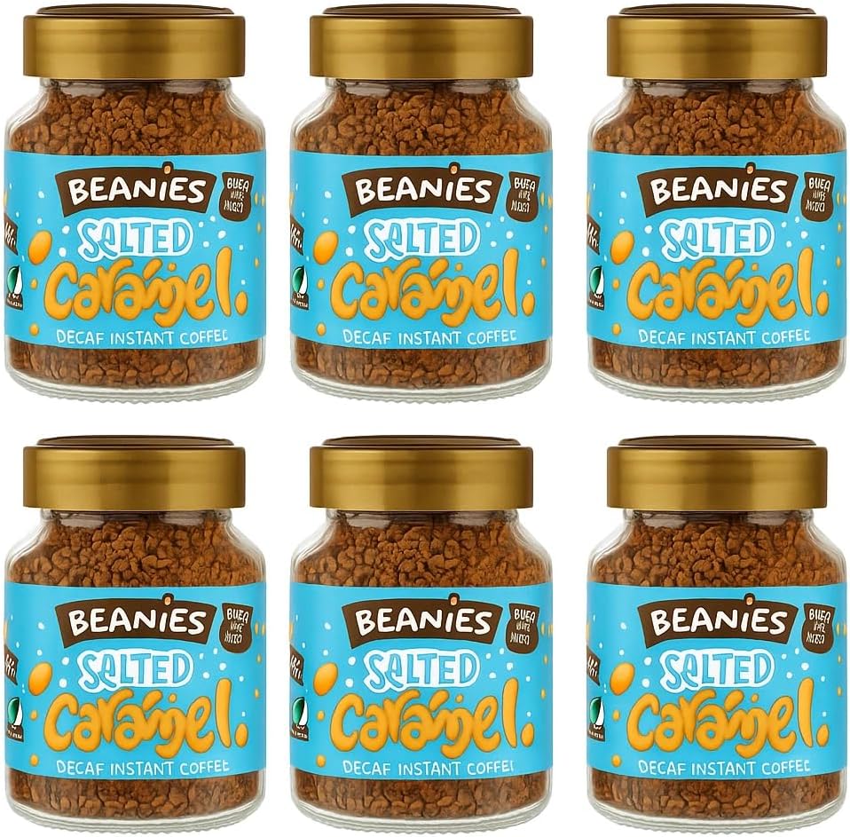 Beanies Decaf Salted Caramel Flavoured Instant Coffee 50g Jars (Pack of 6) Rich & Sweet Decaffeinated Coffee