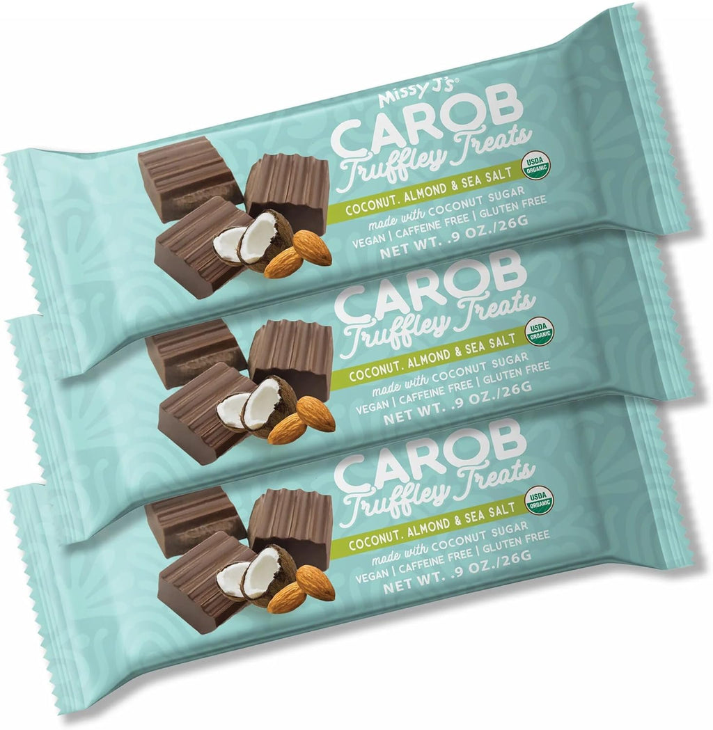 Missy J's Carob Coconut Almond Truffley Treats 1.38 Oz 3 Pack | Carob Made with Coconut Sugar, Vegan Gluten and Caffeine Free, Substitute for Chocolate, Perfect for Snacks and Treats, Personalized Gift