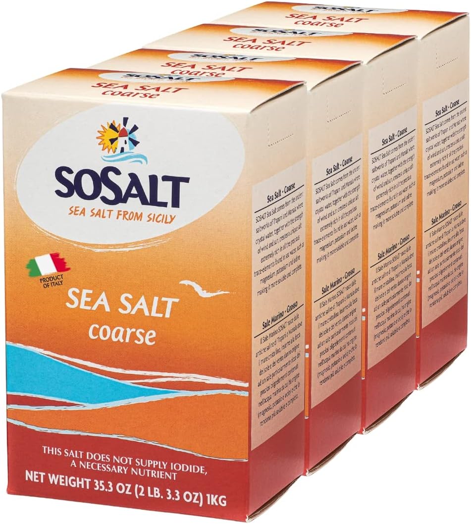 SOSALT DAL MARE DI TRAPANI Coarse Natural Sea Salt, 4 pack x 1 kg (35.3 oz), Sicilian Sea Salt, Trapani, Mediterranean, Sicily, Italy