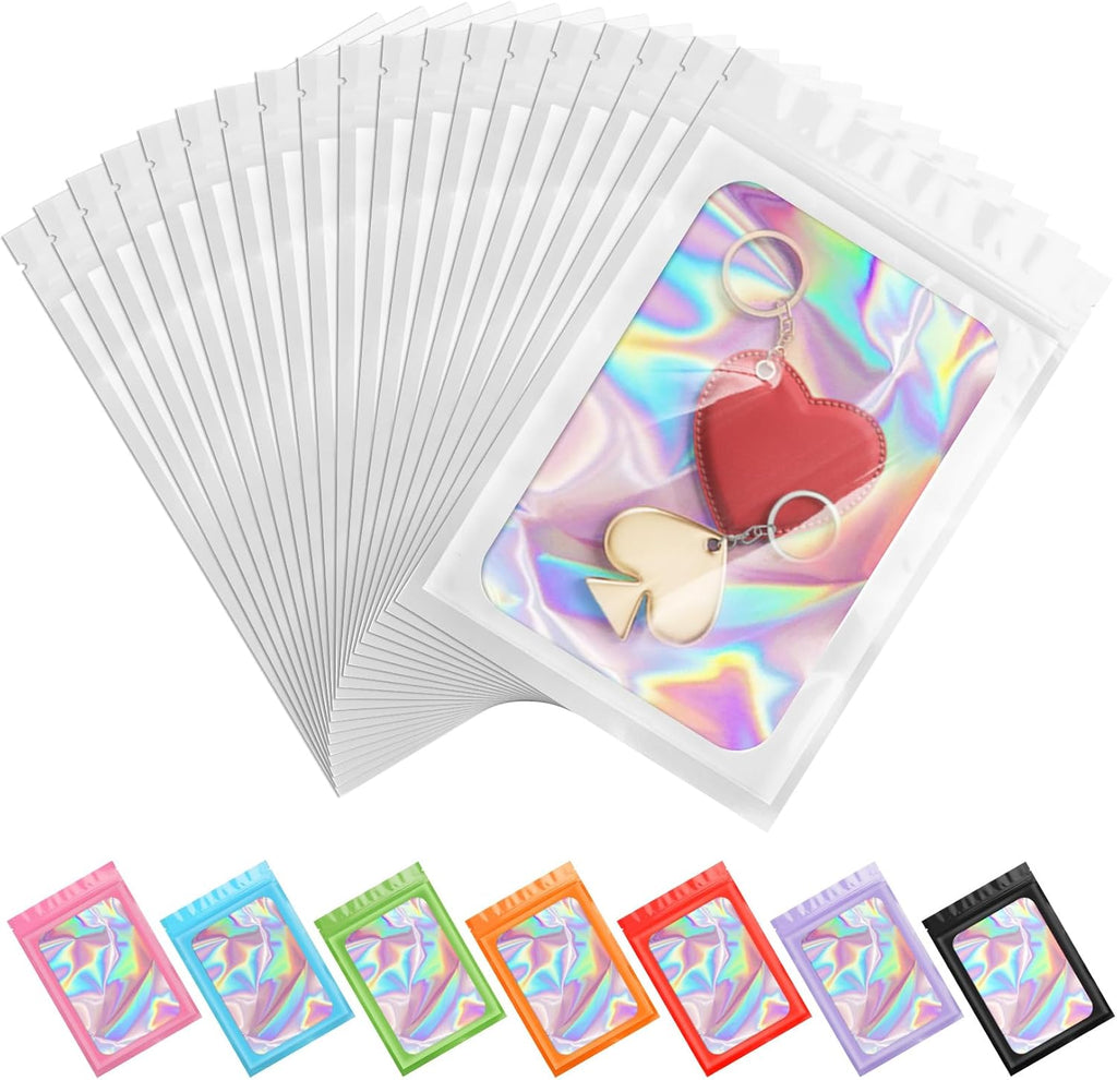 ANZNKU 100 Pack Holographic Bags, Smell Proof Packaging Bag, Clear Window Resealable Goodie Pouch Mylar Bags for Food Storage, Gift Bag for Easter Candy Jewelry Lash Lipgloss (White, 2.4 x 3.9 Inch)