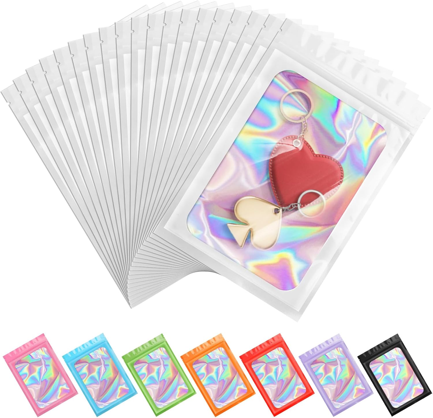 ANZNKU 100 Pack Holographic Bags, Smell Proof Packaging Bag, Clear Window Resealable Goodie Pouch Mylar Bags for Food Storage, Gift Bag for Easter Candy Jewelry Lash Lipgloss (White, 2.4 x 3.9 Inch)