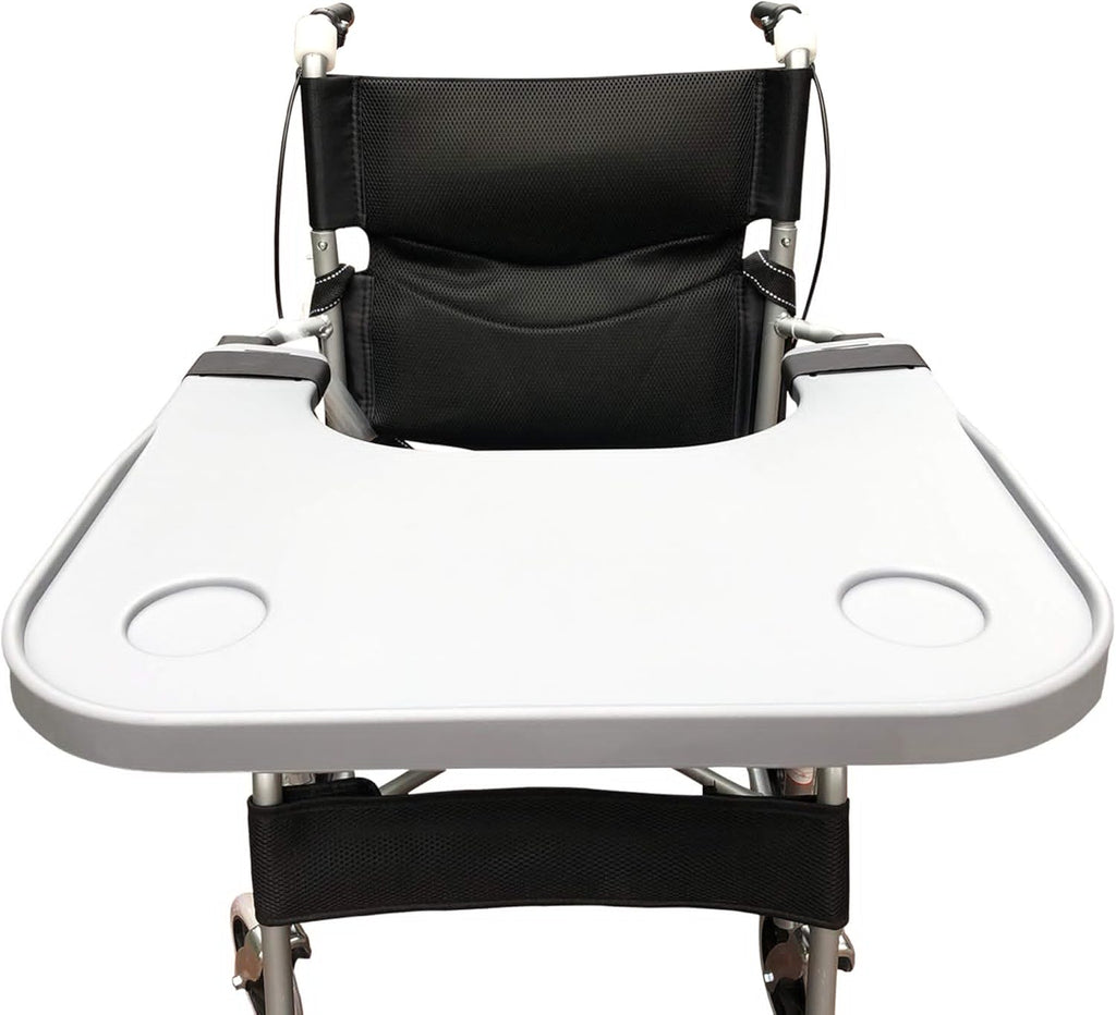 Wheelchair Tray Table with Cup Holder, Removable Lap Tray, Portable Wheelchair Desk Accessories for Eating, Reading, Resting, Fits Width of Armrests of 16" - 20", Gray