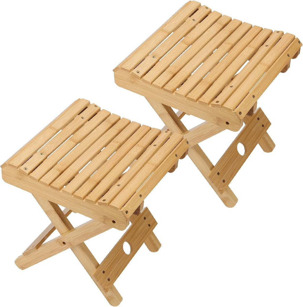 2 Pack 12 Inch Folding Bamboo Stool, No Assembly Small Bamboo Folding Step Stool Shower Bench Seat for Bathroom, Sauna and Leg Shaving, (11x11x12.6 Inch)