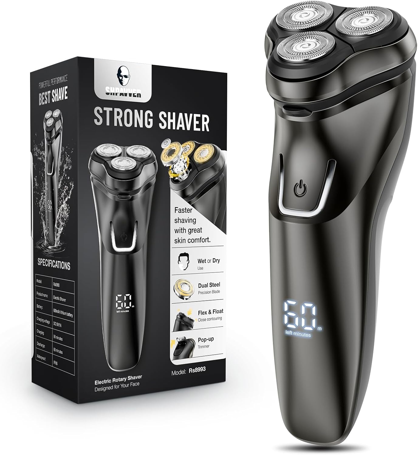 Electric Razor for Men Cordless: Wet/Dry Rotary Shaver Waterproof - USB Fast Charging & Sensitive Skin Care - Pop up Trimmer & Precision Blades Upgraded B2 Black-Silver