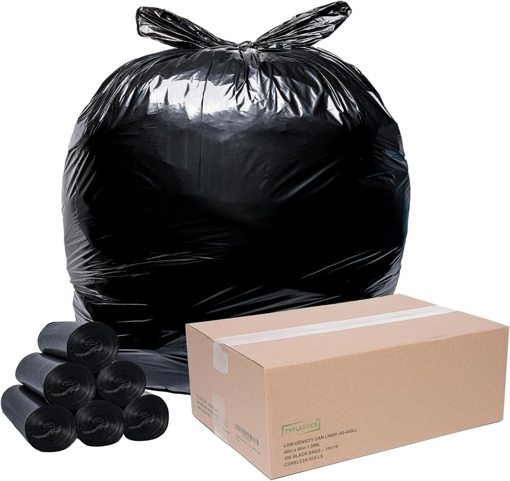 TYPLASTICS 40-45 Gallon Trash Bags Can Liners Heavy Duty 40x46" 1.5 Mil, Black 100 Count, Lawn and Leaf Bags