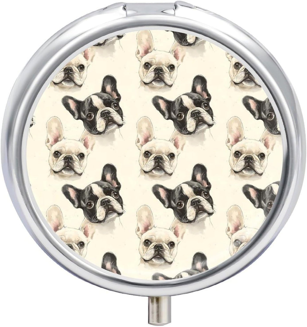 Travel Pill Organizer Small - Cute French Bulldog 1 Print 3 Compartments Mini Pill Case Box for Purse and Pocket, Portable Round Medicine Container Holder with Mirror