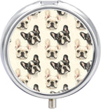 Travel Pill Organizer Small - Cute French Bulldog 1 Print 3 Compartments Mini Pill Case Box for Purse and Pocket, Portable Round Medicine Container Holder with Mirror