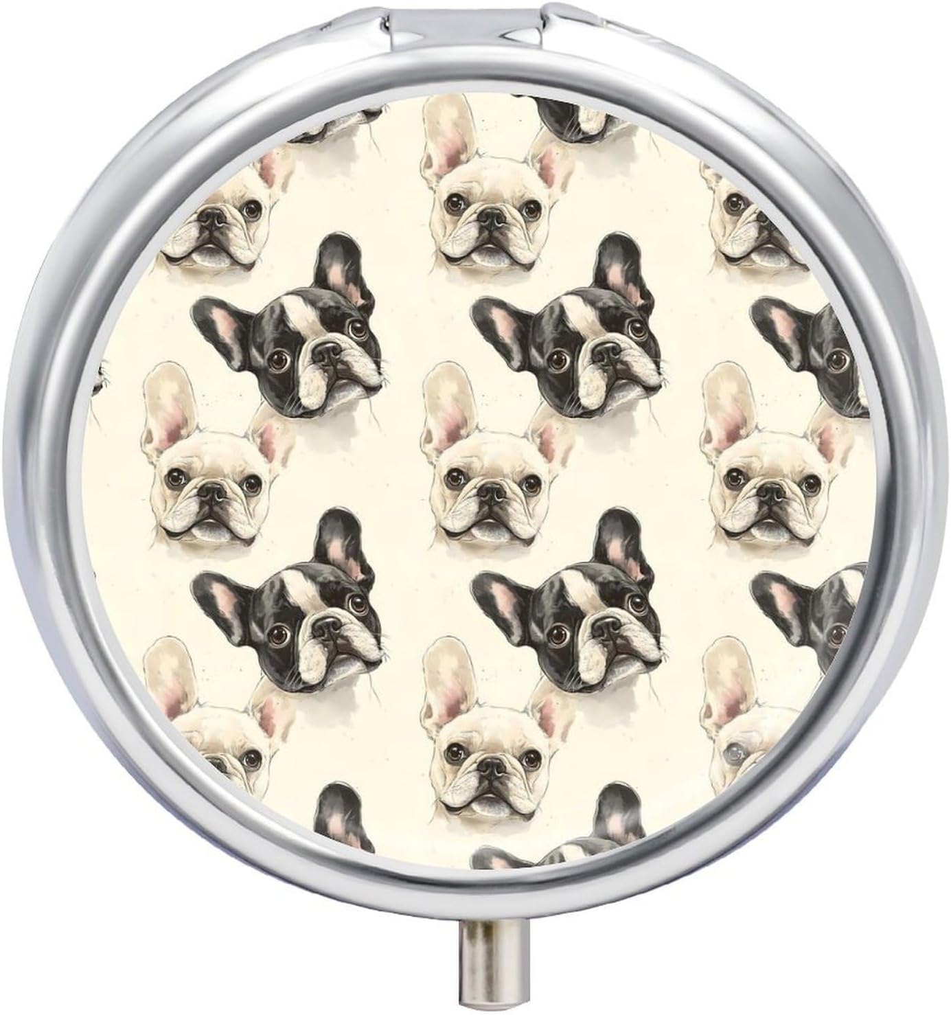 Travel Pill Organizer Small - Cute French Bulldog 1 Print 3 Compartments Mini Pill Case Box for Purse and Pocket, Portable Round Medicine Container Holder with Mirror