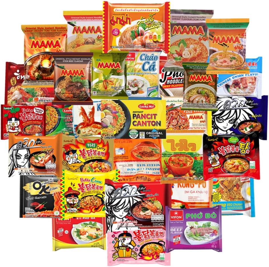 Mystery Asian Ramen Noodles Variety Pack of 12 Instant Noodle with Chopsticks