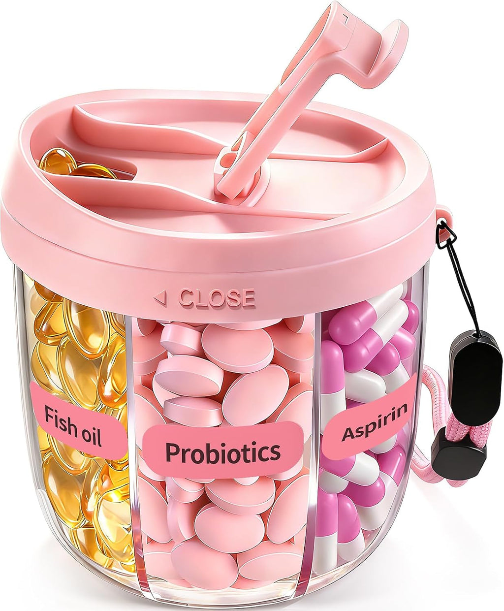 Pill Organizer,Travel Essentials Pill Container, Travel Pill Dispenser with Pink Lid，Pill Case Having 7 Large Compartments,Vitamin Organizer for Home Organization,Travel Containers