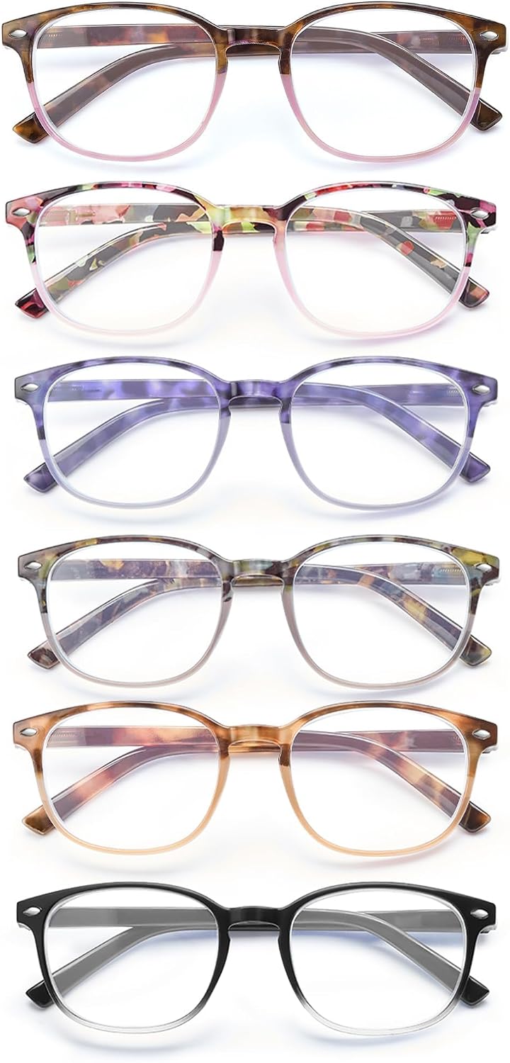 JM Blue Light Reading Glasses for Women with Spring Hinge, Classic Square Reader Glasses Ladies Mix Color 6 Packs +4.0