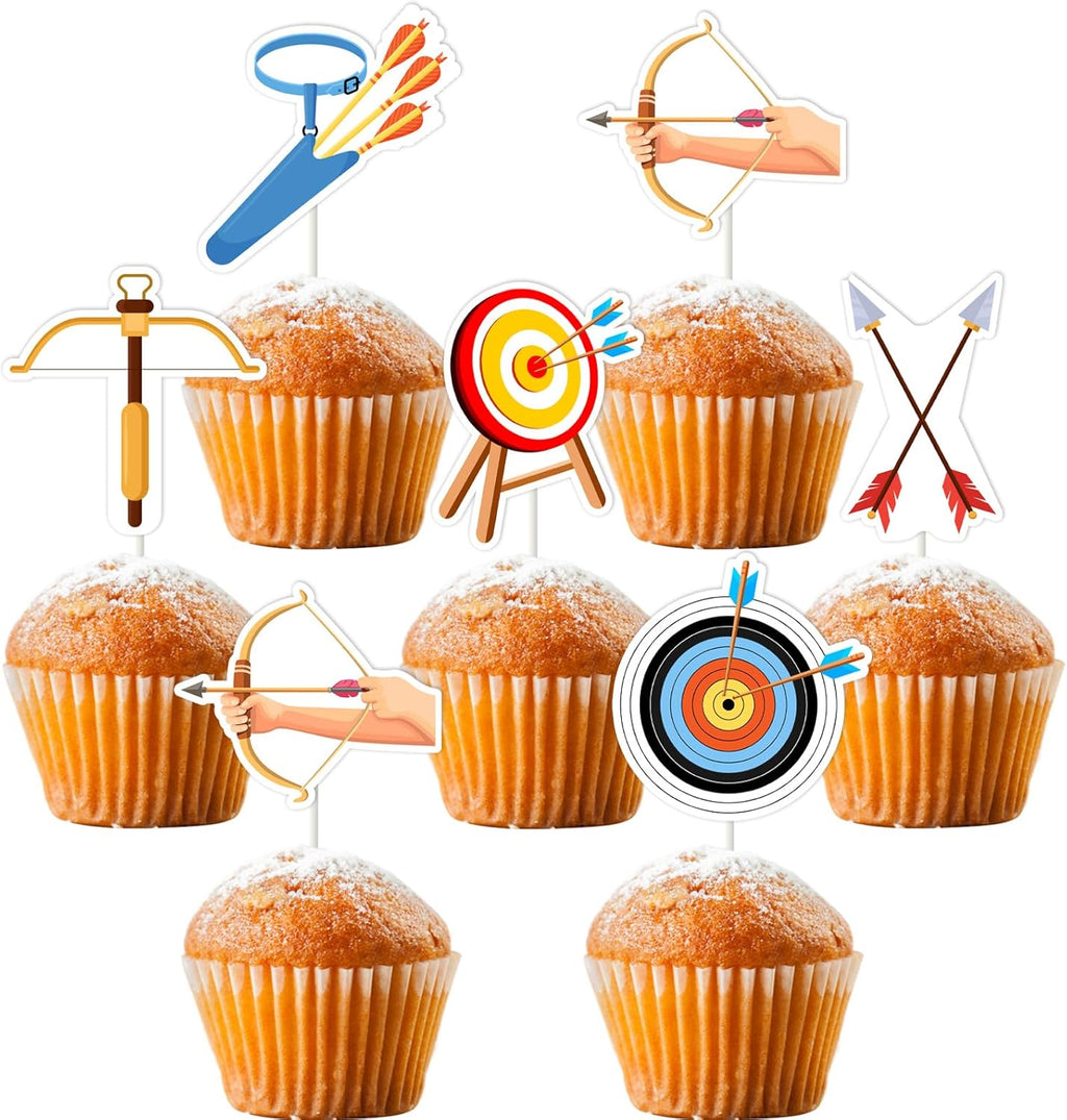 Archery Party Decorations, 24pcs Archery Theme Cupcake Toppers Double-sided Printing Sports Theme Bow Arrow Hunting Cake Decorations for Archery Theme Birthday Baby Shower Party Supplies