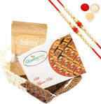 Ghasitaram Gifts Rakhi Gifts for Brothers Rakhi Sweets - Small Metal Brown Basket of Mysore Pak and Almonds with 2 Pearl Beads Rakhis