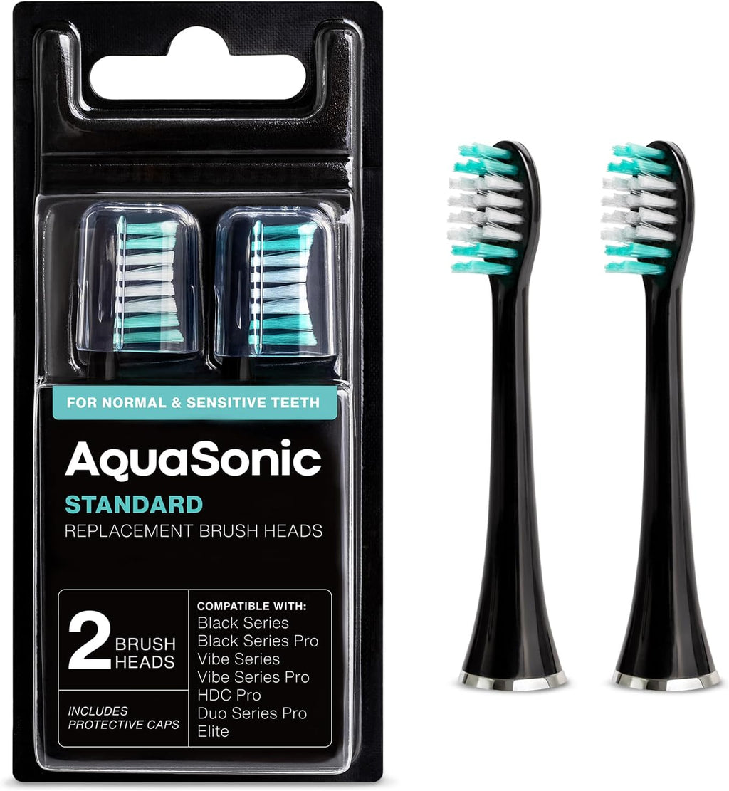 AquaSonic Genuine Standard Replacement Brush Heads | for Normal & Sensitive Teeth | Compatible with Many AquaSonic Toothbrush Handles (2 Pack Black)