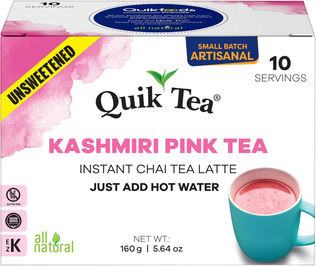 QuikTea Instant Unsweetened Kashmiri Pink Chai Tea Latte – 10 Count, Natural Pink Color with Hearty Spices Extracts, Low Caffeine, No Artificial Colors, Flavors or Preservatives – Just Add Hot Water