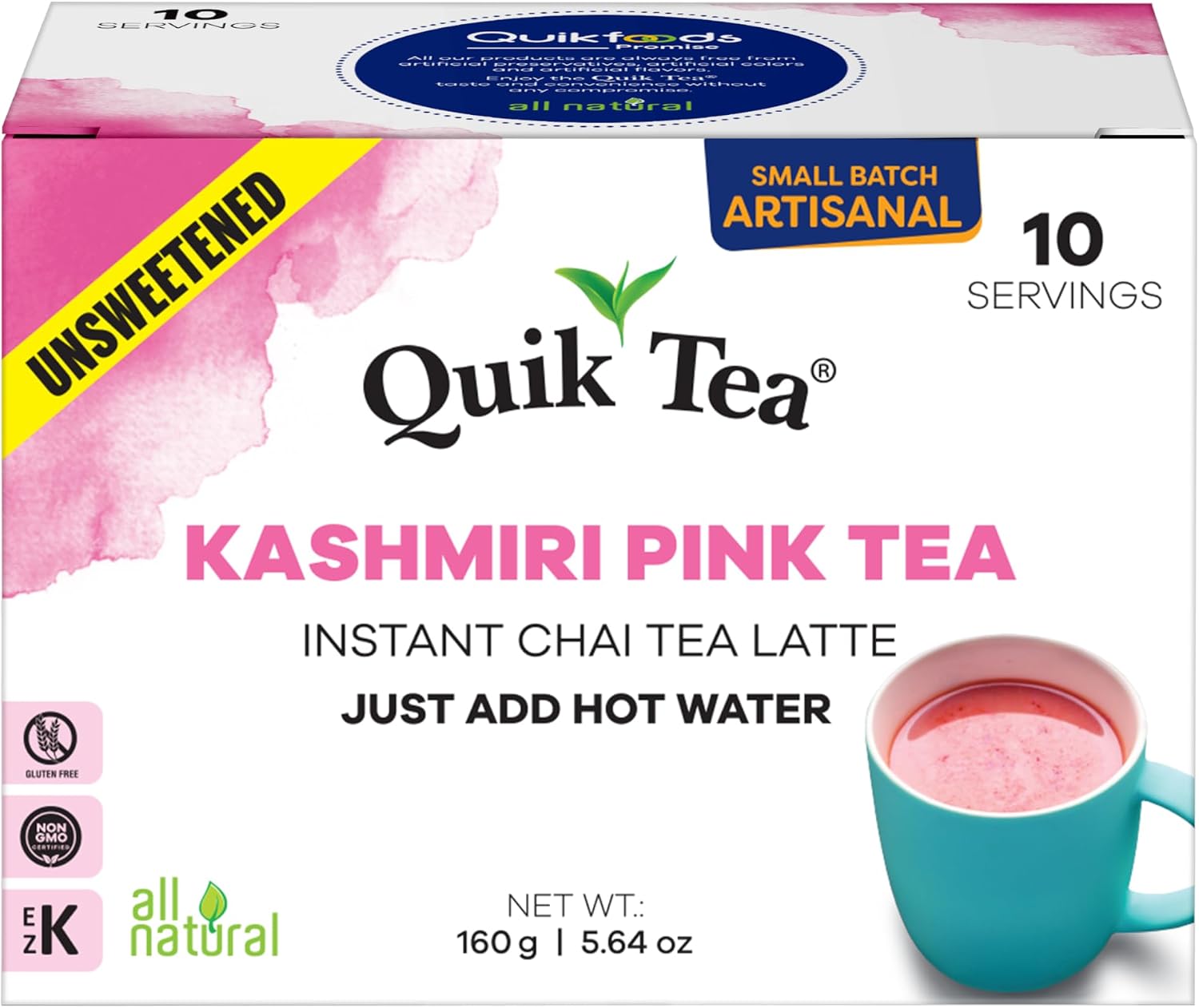 QuikTea Instant Unsweetened Kashmiri Pink Chai Tea Latte – 10 Count, Natural Pink Color with Hearty Spices Extracts, Low Caffeine, No Artificial Colors, Flavors or Preservatives – Just Add Hot Water