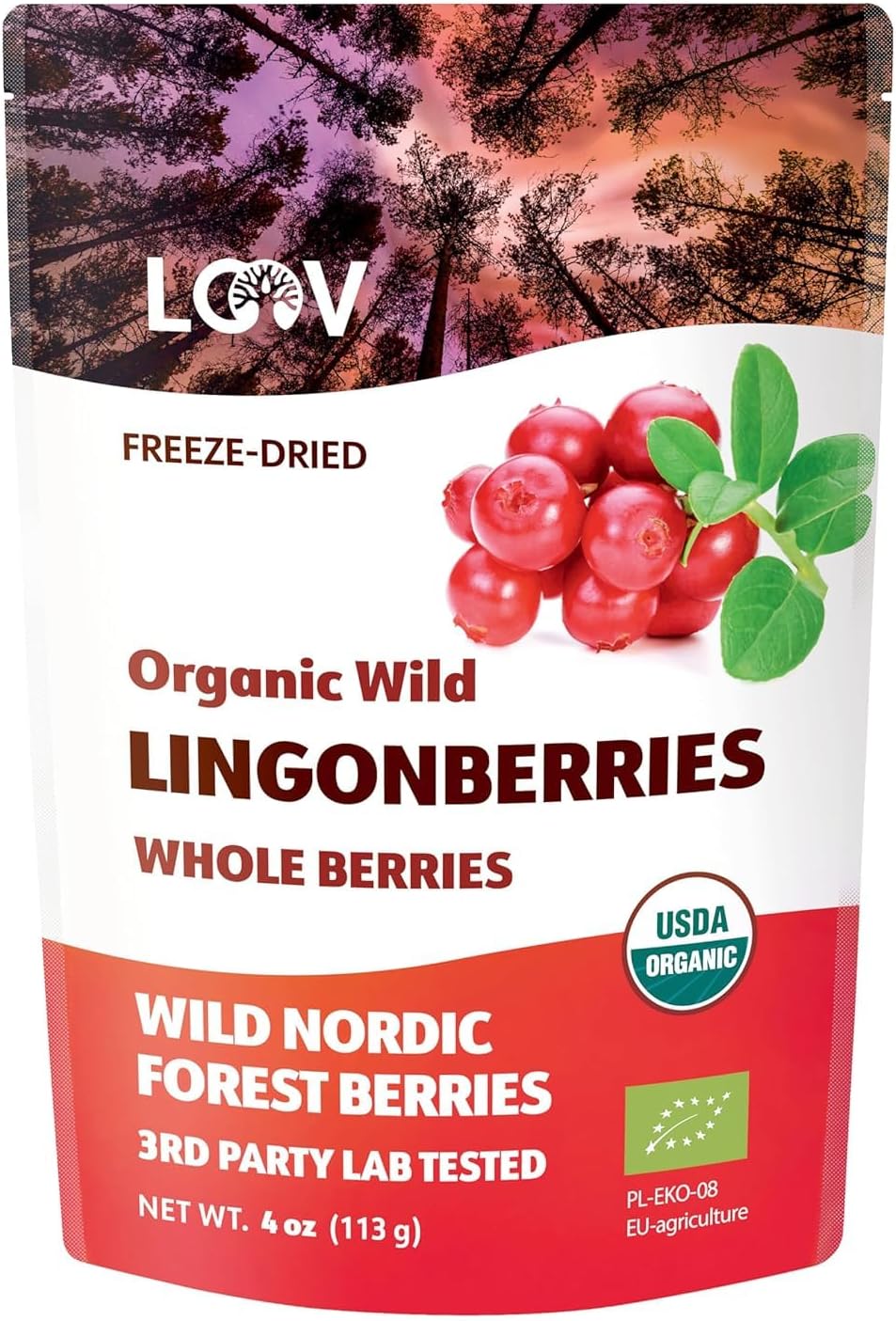 Organic Whole Lingonberries – Freeze-Dried Wild Nordic Superberry, Traditional Scandinavian–Swedish Food – Pure, 100% Natural, Non-GMO & No Added Sugar – 4oz (34 Servings)