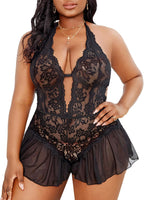 OYOANGLE Women's Plus Size Cut Out Tie Back Halter Lace Teddy Romper Bodysuit Lingerie