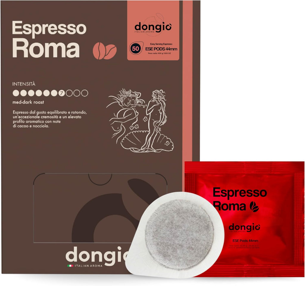 Dongiò Caffè Espresso Roma - 50 Easy Serving Espresso Pods (ESE 44mm) – Med-Dark Roast Coffee (Intensity 7/10) - Roasted and Blended in Italy