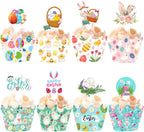 48 Pieces Easter Cupcake Toppers Bunny Cupcake Wrappers Kit for Easter Spring Party Decor Dessert Supplies