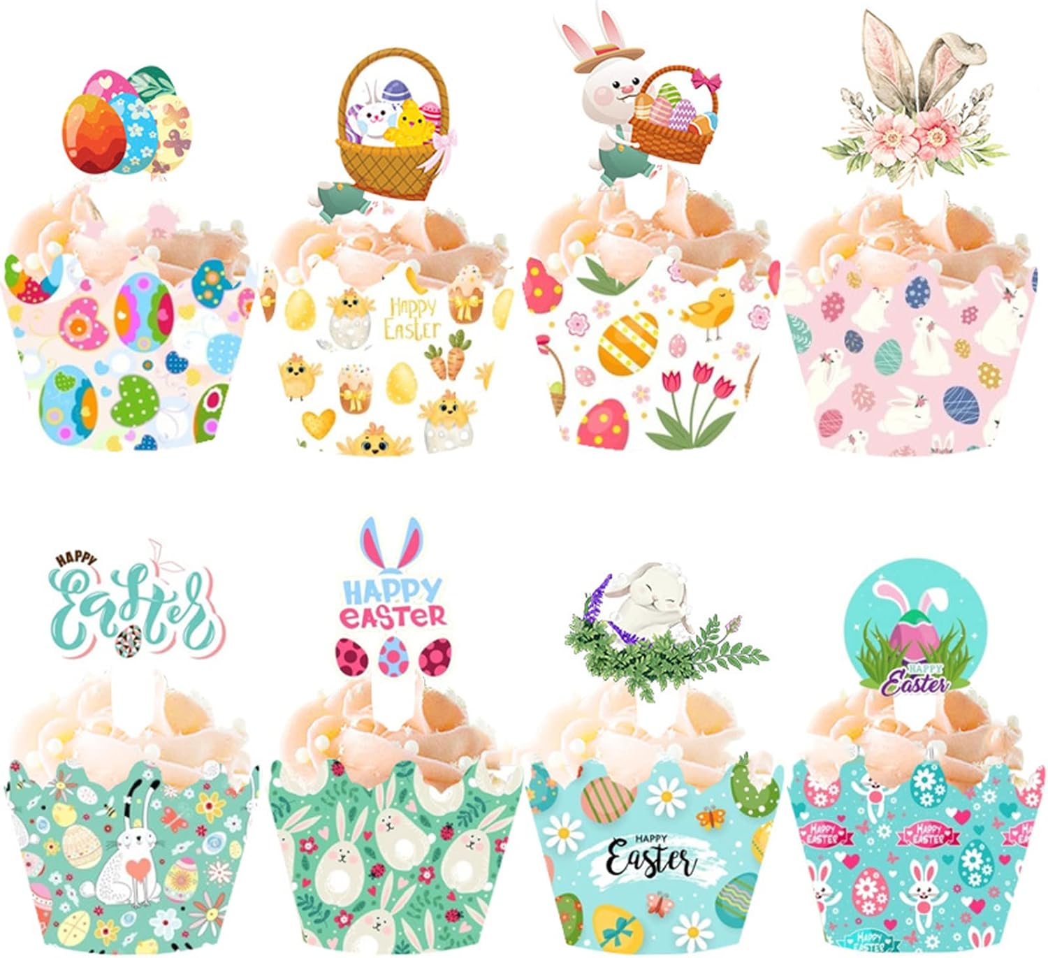 48 Pieces Easter Cupcake Toppers Bunny Cupcake Wrappers Kit for Easter Spring Party Decor Dessert Supplies