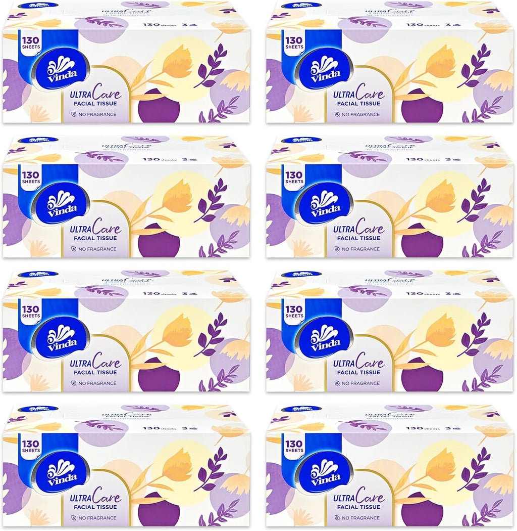 Vinda 3-Ply Ultra Care Facial Tissues – 130 Soft & Strong Sheets per Box, 8 Flat Boxes – Hypoallergenic, Gentle for Sensitive Skin, Ideal for Home, Office, and Everyday Use