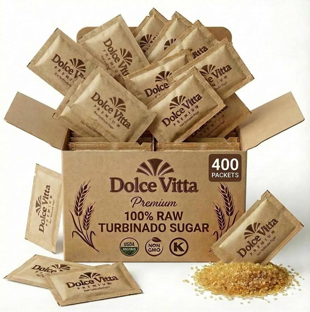 Dolce Vitta Premium Raw Sugar Packets 400 Count – Turbinado Cane Sugar Packets, All-Natural Pure Cane Sugar, Non-GMO, Bulk Individual Packets for Coffee