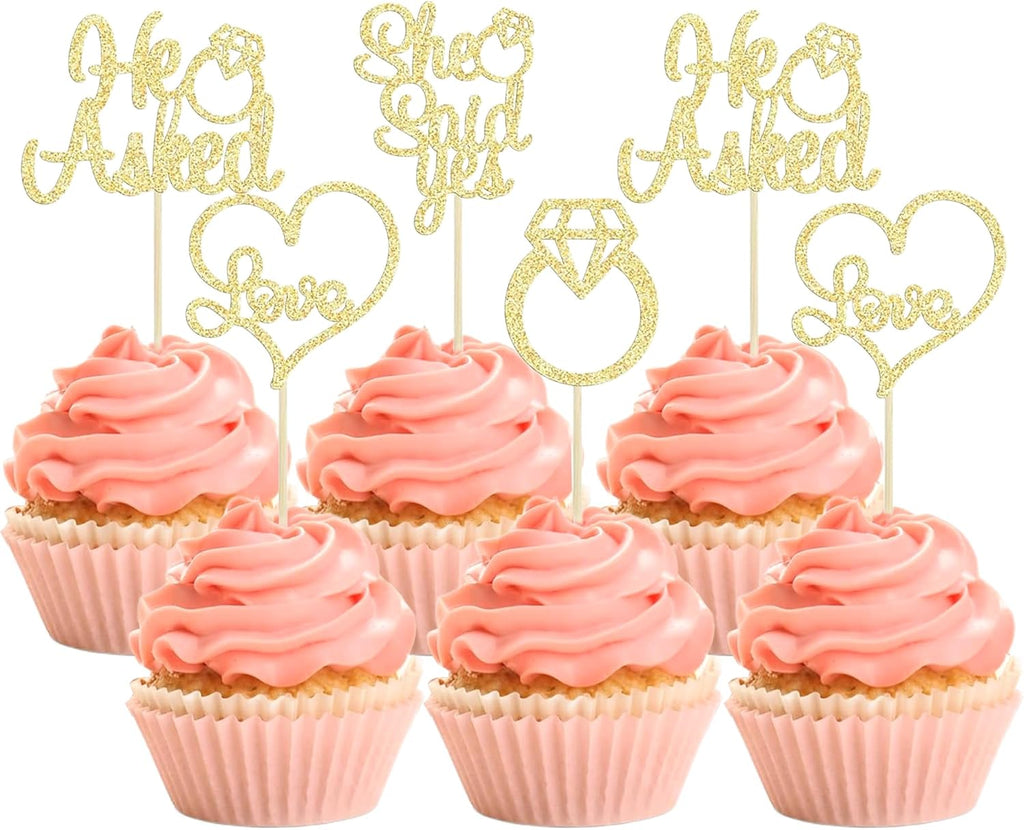 12 Pcs He Asked She Said Yes Cupcake Toppers, Glitter Diamond Ring Heart Love Cake Picks Suitable for Wedding Engagement Bridal Shower Theme Party Cake Decorations Supplies - Gold