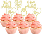 12 Pcs He Asked She Said Yes Cupcake Toppers, Glitter Diamond Ring Heart Love Cake Picks Suitable for Wedding Engagement Bridal Shower Theme Party Cake Decorations Supplies - Gold