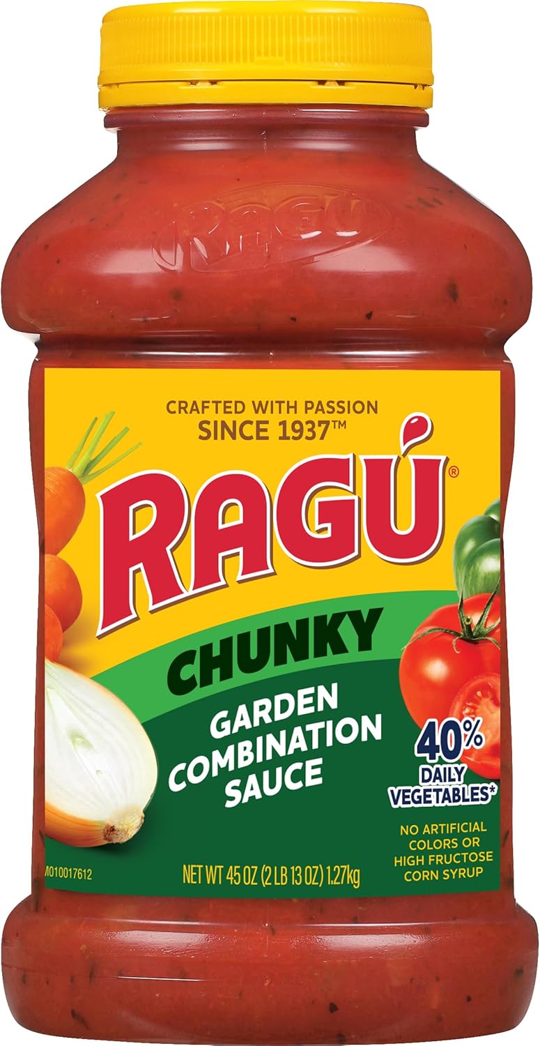 Ragu Chunky Garden Combination Pasta Sauce with Diced Tomatoes, Onions, Celery, Carrots, Zucchini, Green Bell Peppers, and Italian Herbs and Spices, 45 OZ