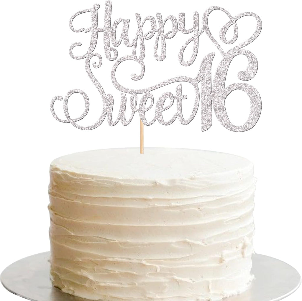1 PCS Happy Sweet 16 Cake Topper Glitter 16th Birthday Cake Pick Cheers to 16 Years Sweet 16 Cake Decoration for Happy 16th Anniversary Party Decorations Supplies Silver