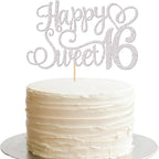 1 PCS Happy Sweet 16 Cake Topper Glitter 16th Birthday Cake Pick Cheers to 16 Years Sweet 16 Cake Decoration for Happy 16th Anniversary Party Decorations Supplies Silver