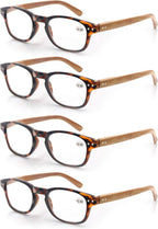 MODFANS 4 Pack Reading Glasses 1.5 Fashion Wood-Look Spring Hinges Stylish Readers Men Women Demi