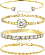 4 Pcs Dainty Gold Silver Bracelets Set for Women 14K Plated Link Cubic Zirconia Paperclip Stake Layering Chain Adjustable Trendy Hand Jewelry