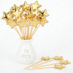 70 Pcs Gold Star Sticks Decor, Shiny Star Cake Topper Picks with Wooden Sticks for Birthday Wedding Baby Shower Party Cupcake Toppers Vase Decor
