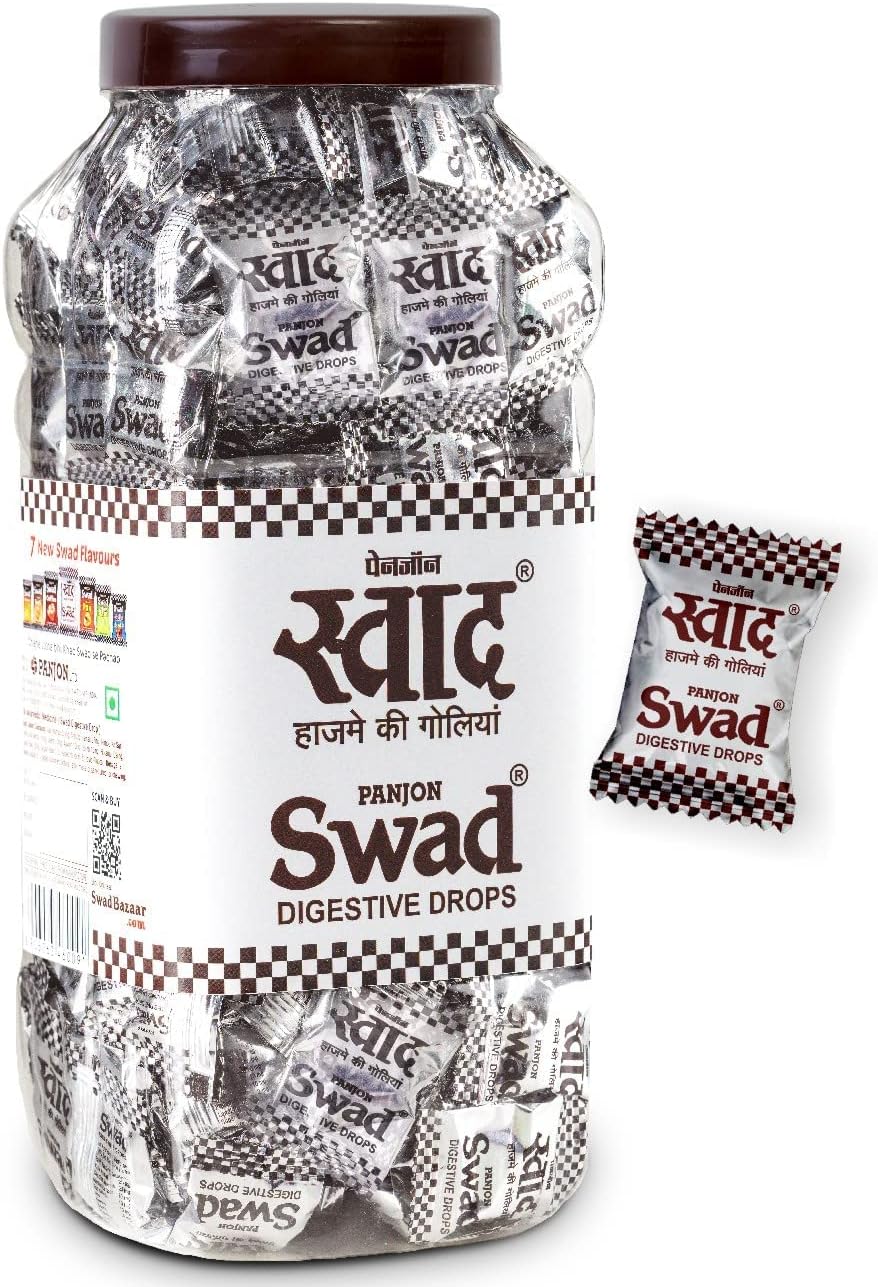 Swad Digestive Chocolate Candy Jar - 200 Candies | Infused with Ayurvedic Herbs & Spices | Helps Digestion & Improves Stomach Health | Khatta Meetha Taste | Tasty & Healthy Toffee Treat