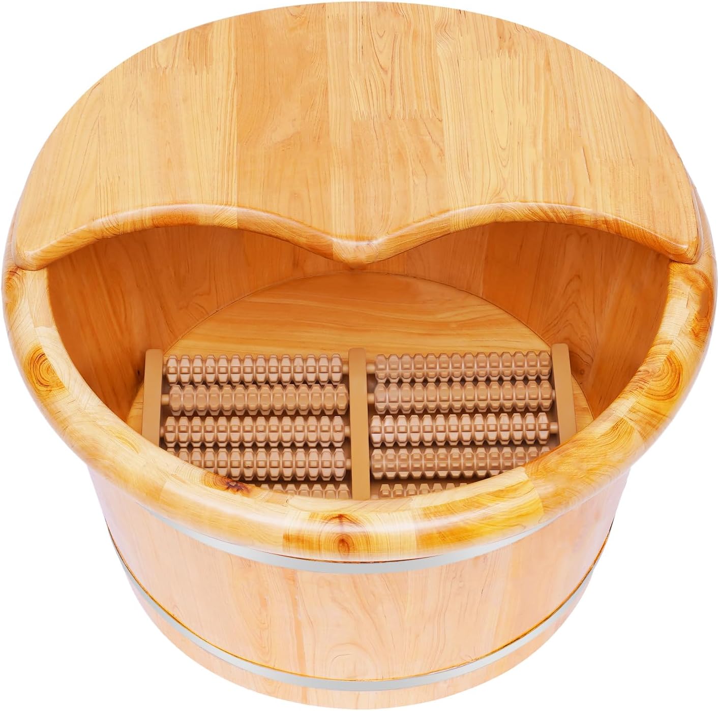 Foot Basin Wooden Foot Bath Bucket, Solid Cedar Wood Foot Tub with Massage Roller & Cover Plate, Good Heat Preservation, Thicken Feet Relax Pedicure Bowl Spa Barrel Kit for Washing Soak Massage Sauna
