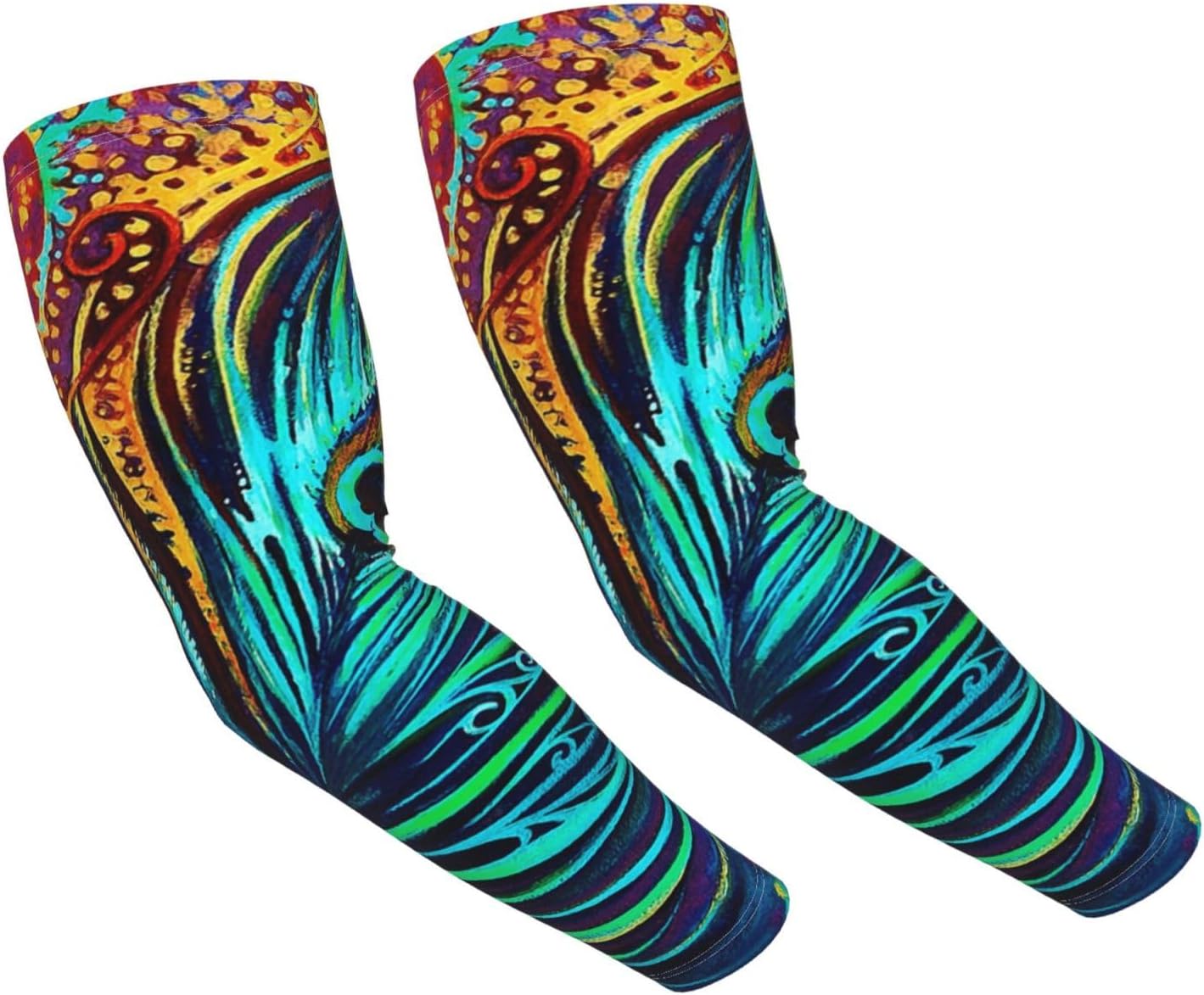 Peacock Feather Adult Ice Silk Cooling Arm Sleeves For Men Women,Breathable Elastic Arm Cover With Thumb.