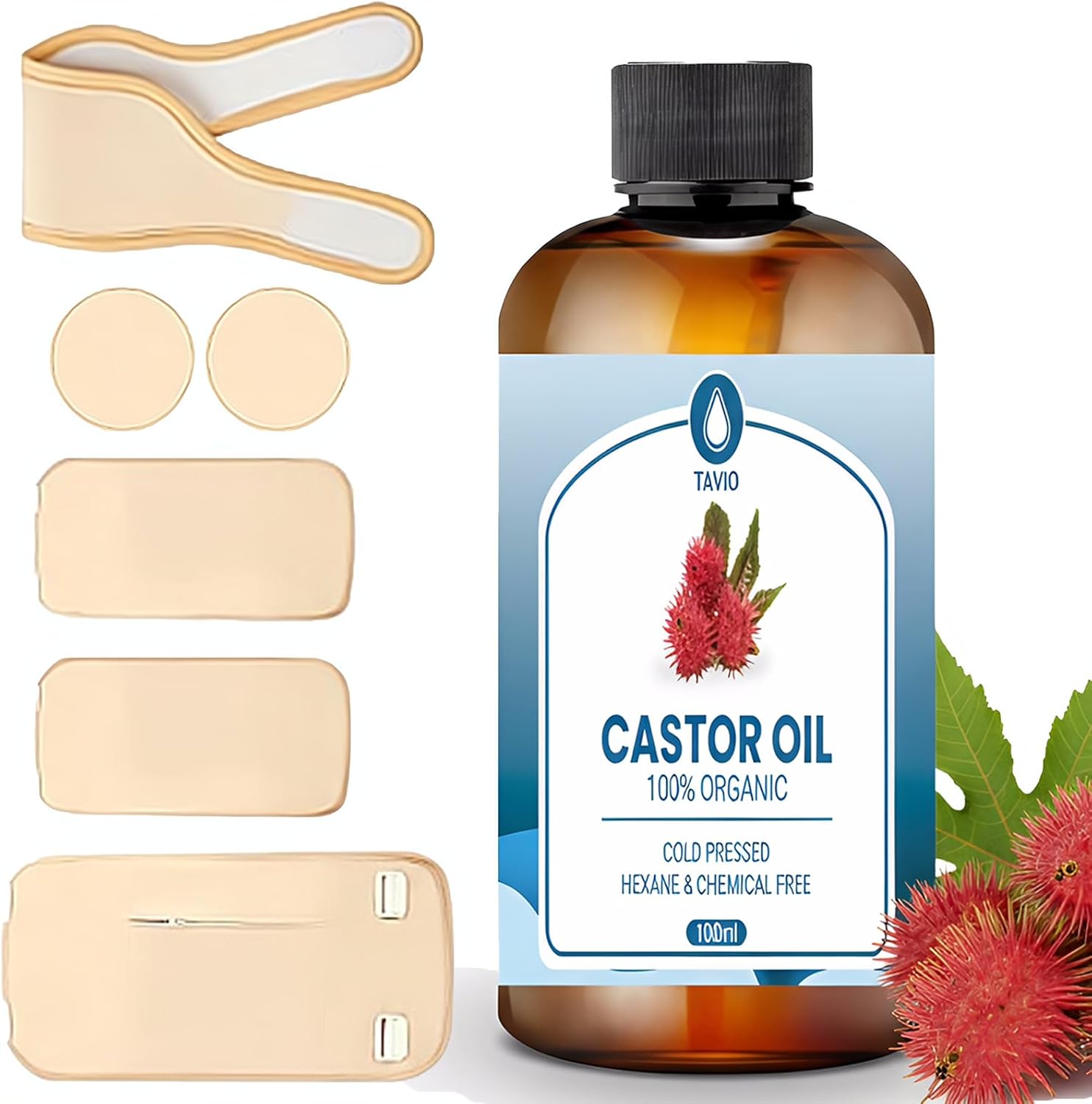 Tavio Castor Oil Pack - 100% Pure Castor Oil for Body, Natural Digestive Aid & Muscle Relaxation, Can Be Used with Castor Oil Packs for Enhanced Absorption (1 pc + Castor Oil Packet (6 Piece))