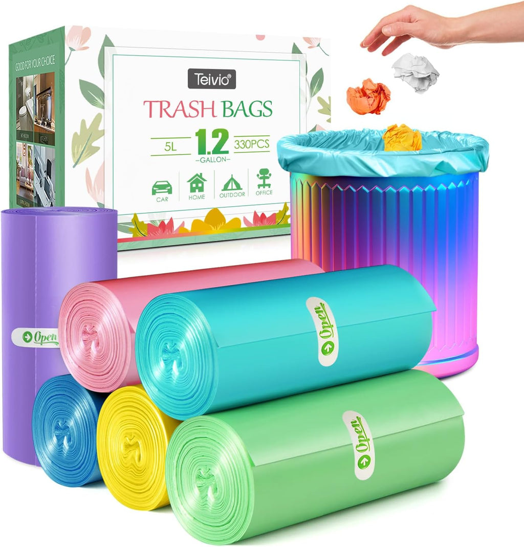 1.2 Gallon/330pcs Strong Trash Bags Colorful Clear Garbage Bags by Teivio, Bathroom Trash Can Bin Liners, Small Plastic Bags for home office kitchen, Multicolor