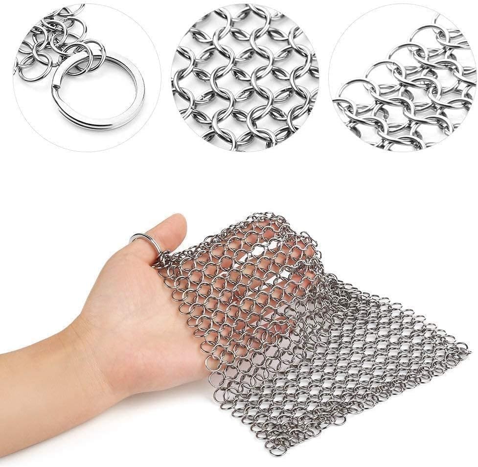 8"x6" Cast Iron Scrubber Stainless Steel Chainmail Cleaner for Pre-Seasoned Pans, Griddles, BBQ Grill and Pot Cookware Cleaning
