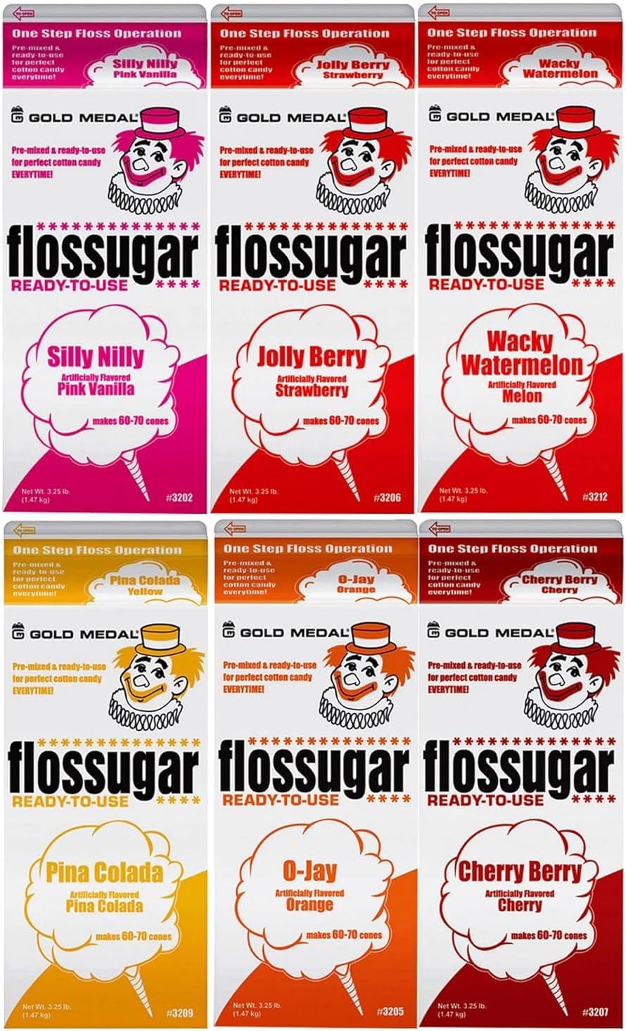 Cotton Candy Floss sugar Mix Flavors | Pack Of 6 | Silly Nilly, Strawberry, Wacky Watermelon, Pina Colada, Orange, and Cherry Berry Flavors | 1/2 Gallon Cartons