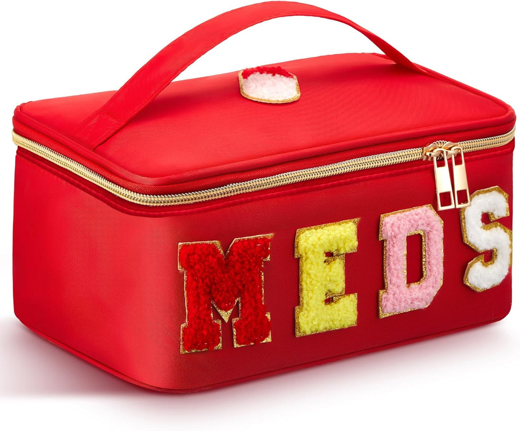 Geetery Clear Makeup Bag Chenille Letter Meds Bag Travel Cases Preppy Patch with Zipper, Portable Cosmetic Toiletry Storage case for Women(Meds,Red)